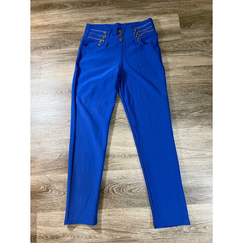 Y2K Pants Zipper‎ Accent Glam Royal Blue High Waist One Size Gold Hardware Edgy